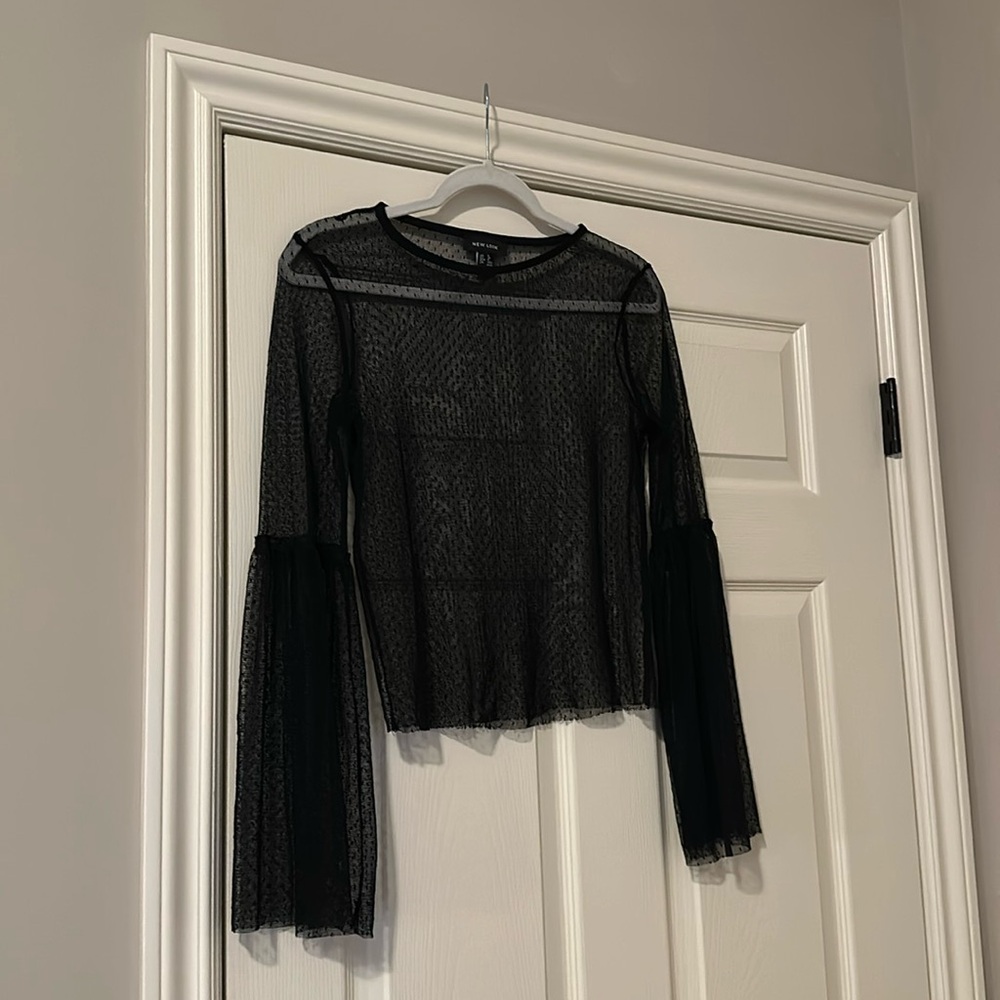 New Look Black Sheer Mesh Long Sleeve Top Coverup Polkadot Flare Sleeves Small